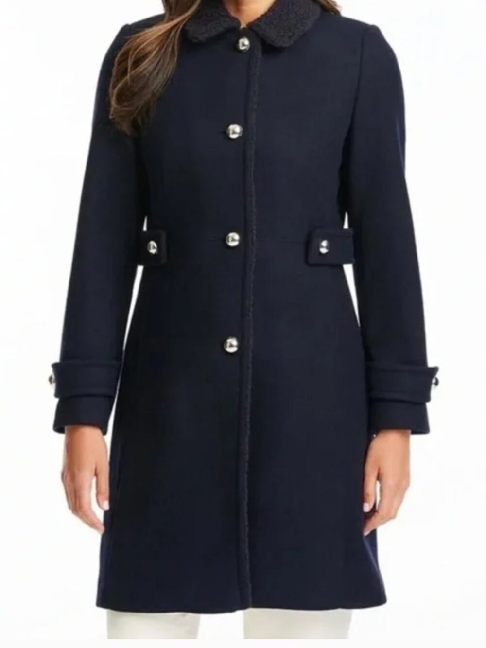 Kate Spade Sherpa Trimmed Wool Coat - Navy - Size Small - S
